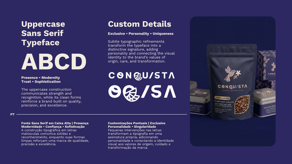 Conquista Cafés — typography and packaging