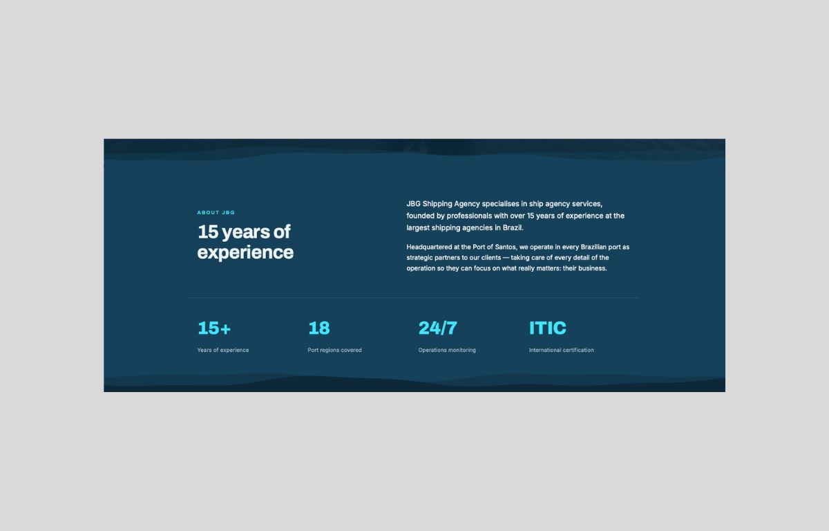 JBG Shipping website &mdash; about section and key numbers