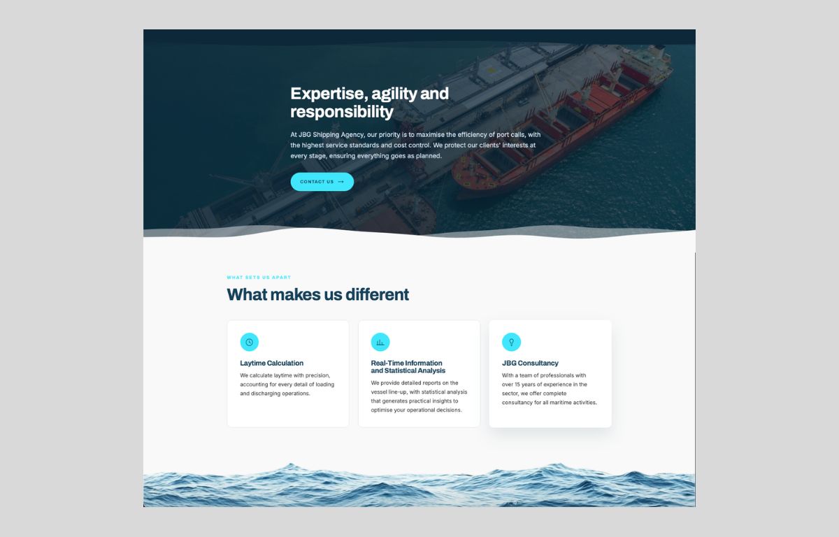 JBG Shipping website &mdash; differentiators section