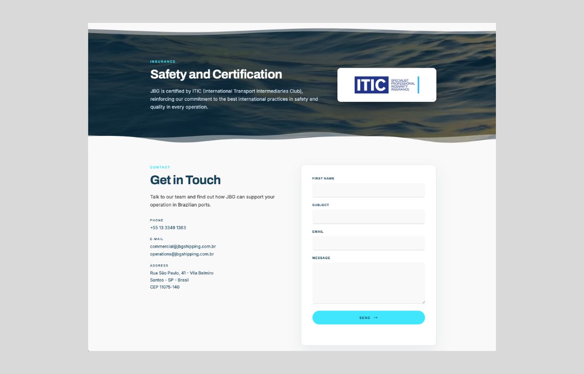JBG Shipping website &mdash; safety, certification and contact form